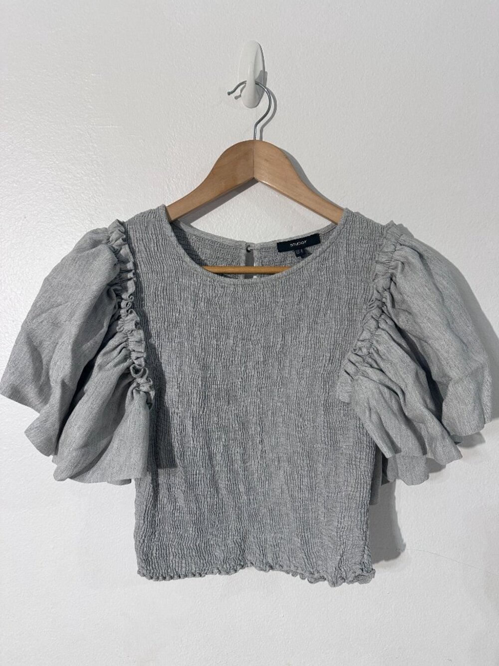 Studio F Grey Smocked Crop Top with Dramatic Puff Sleeves - Size S
